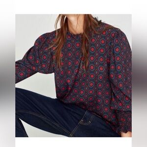 Zara Charmeuse Blouse, Geo Mock Neck Long Sleeve cinched elastic wrists size XS